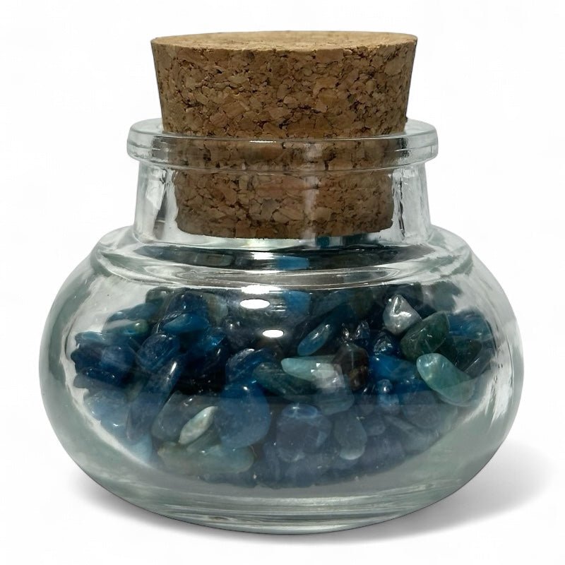 Flacon verre apatite bleue Madagascar AA (mini - pierre roulée XXS) - La Boite à Cailloux