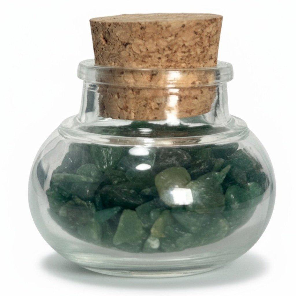 Flacon verre aventurine verte Inde AA (mini - pierre roulée XXS) - La Boite à Cailloux