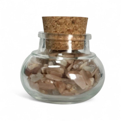 Flacon verre pierre de lune rose orangée Inde AA (mini - pierre roulée XS) - La Boite à Cailloux