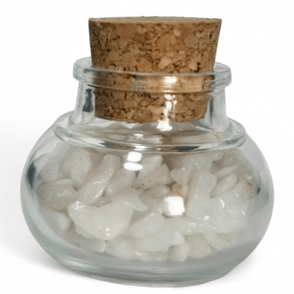Flacon verre quartz neige Brésil AA (mini - pierre roulée XXS) - La Boite à Cailloux