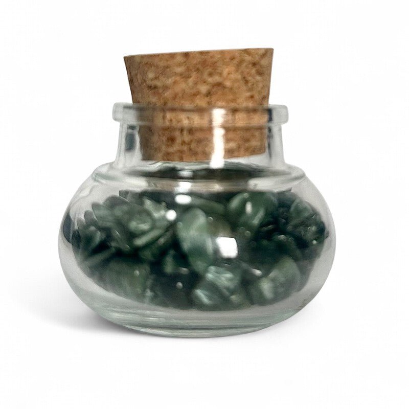 Flacon verre séraphinite Russie AA (mini - pierre roulée XXS) - La Boite à Cailloux