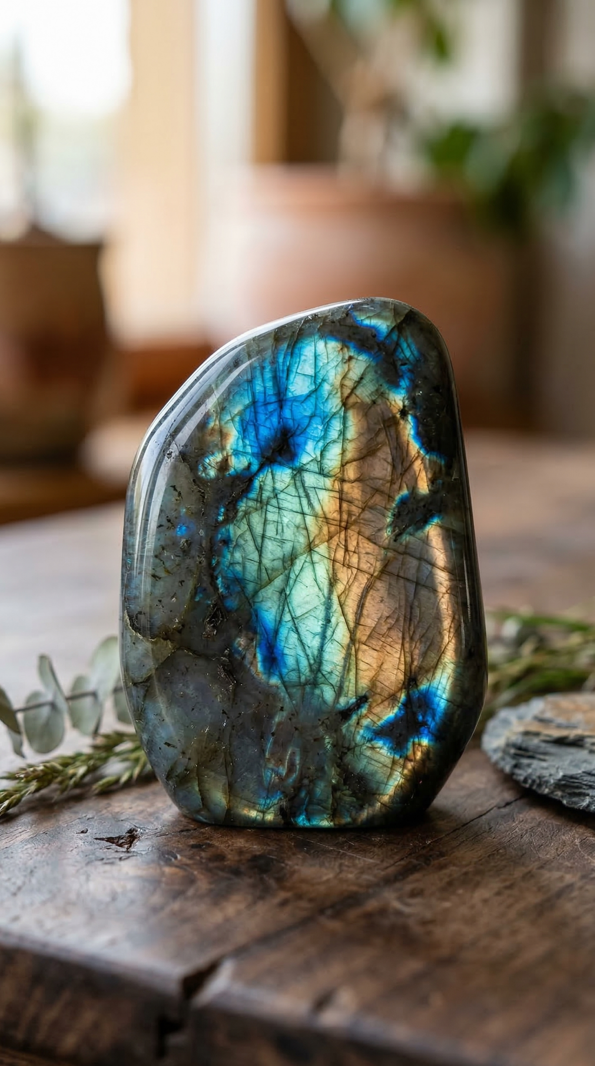 Labradorite polie aux reflets bleus et dorés posée sur une table en bois