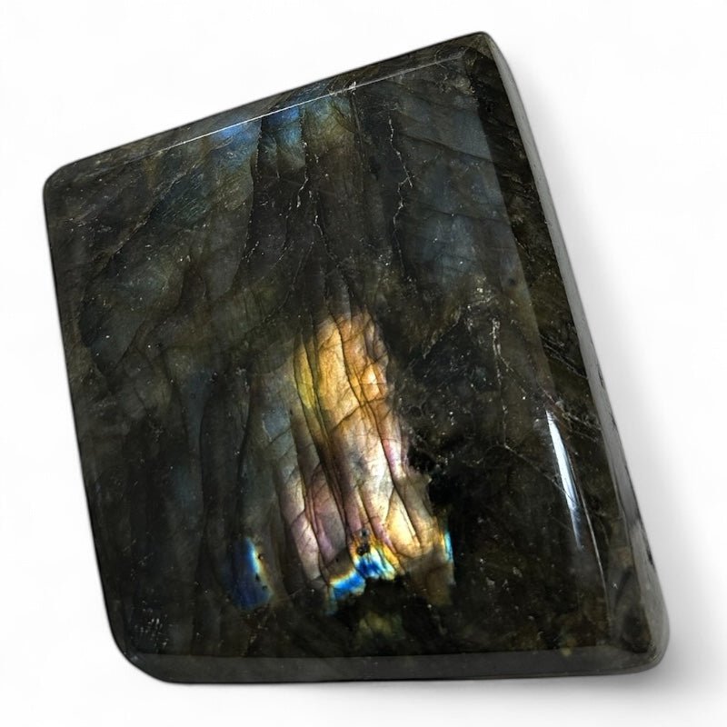 Labradorite taillée polie toutes faces Madagascar AA - 433g - La Boite à Cailloux