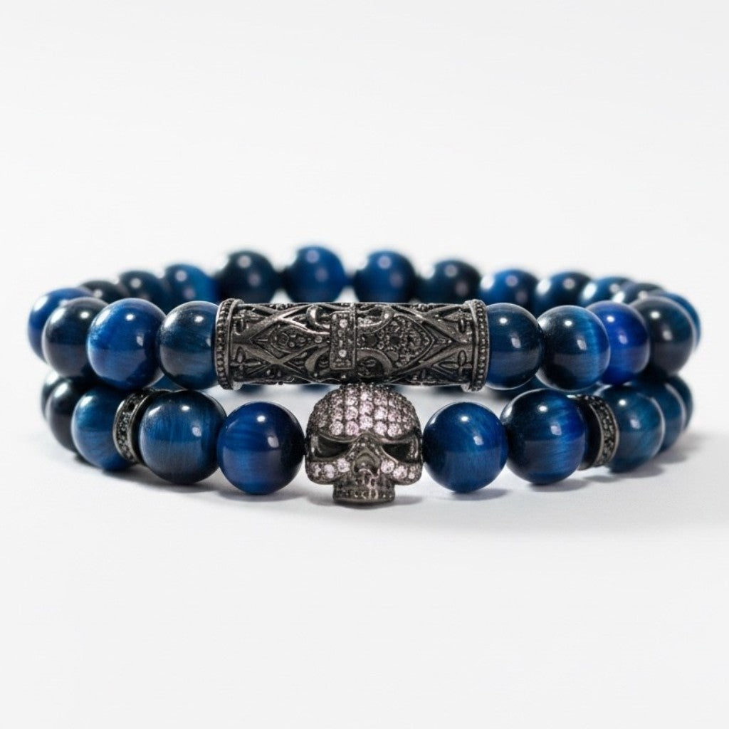 Lot de bracelets homme en œil de tigre bleu et tête de mort
