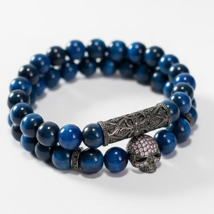 Lot de 2 bracelets homme oeil de tigre teinté bleu avec crâne