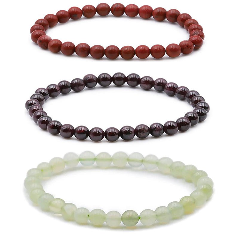 Lot 3 bracelets Bien - être: Jaspe rouge, Grenat rouge almandin, Jade de Chine (boules 5 - 6mm) - La Boite à Cailloux
