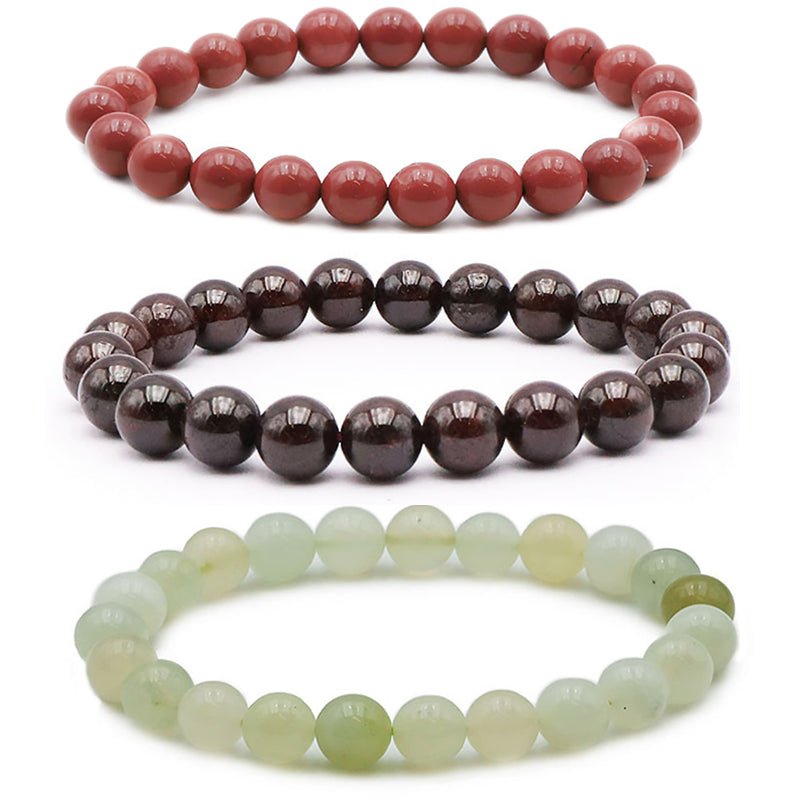 Lot 3 bracelets Bien - être: Jaspe rouge, Grenat rouge almandin, Jade de Chine (boules 7 - 8mm) - La Boite à Cailloux