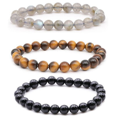 Set of 3 PROTECTION bracelets: Labradorite, Tiger's Eye, Black Tourmaline (7-8mm balls)