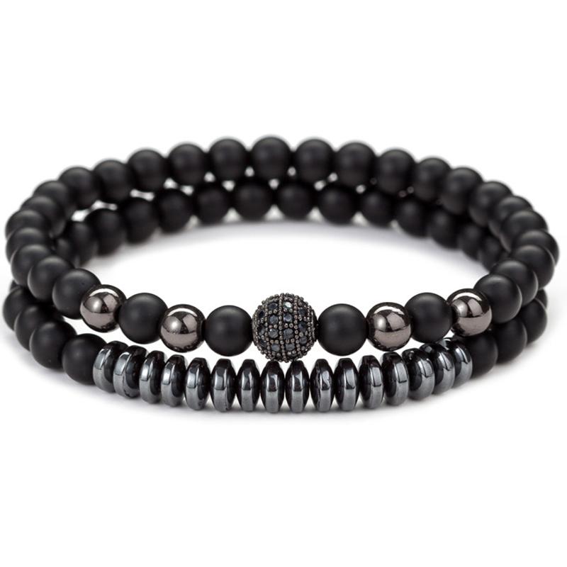 Lot de 2 bracelets Homme onyx dépoli, hématite, zircon (boules 6mm) - La Boite à Cailloux