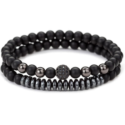Set of 2 men's bracelets frosted onyx, hematite, zircon (6mm balls)