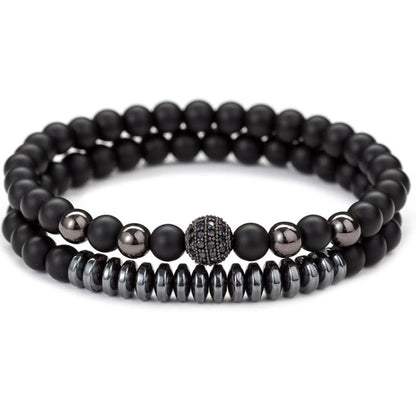 Lot de 2 bracelets Homme onyx dépoli, hématite, zircon (boules 6mm) - La Boite à Cailloux