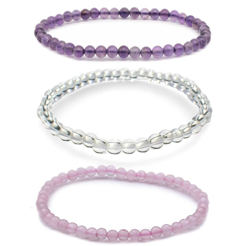 Lot de 3 bracelets Amour / Amitié : améthyste, cristal de roche, quartz rose (boules 3 - 4mm) - La Boite à Cailloux