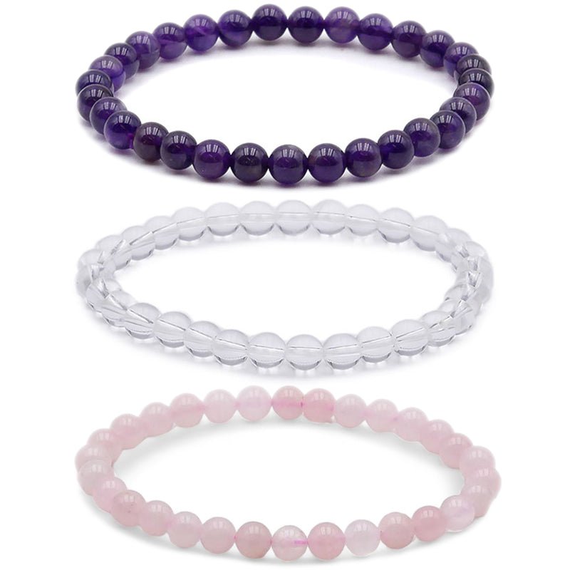 Lot de 3 bracelets Amour / Amitié : améthyste, cristal de roche, quartz rose (boules 5 - 6mm) - La Boite à Cailloux