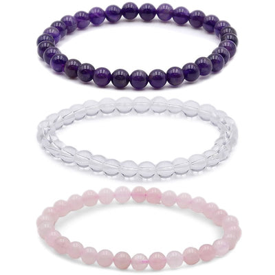 Lot de 3 bracelets Amour / Amitié : améthyste, cristal de roche, quartz rose (boules 5-6mm)