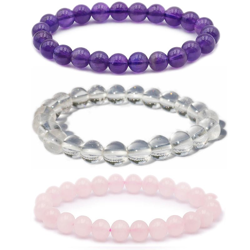 Lot de 3 bracelets Amour / Amitié : Améthyste, Cristal de roche, Quartz rose (boules 7 - 8mm) - La Boite à Cailloux