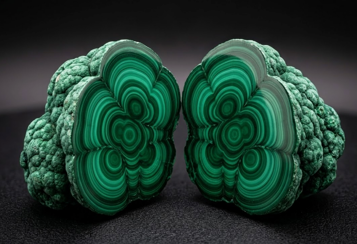 Deux moitiés de malachite sciée montrant leurs cercles concentriques