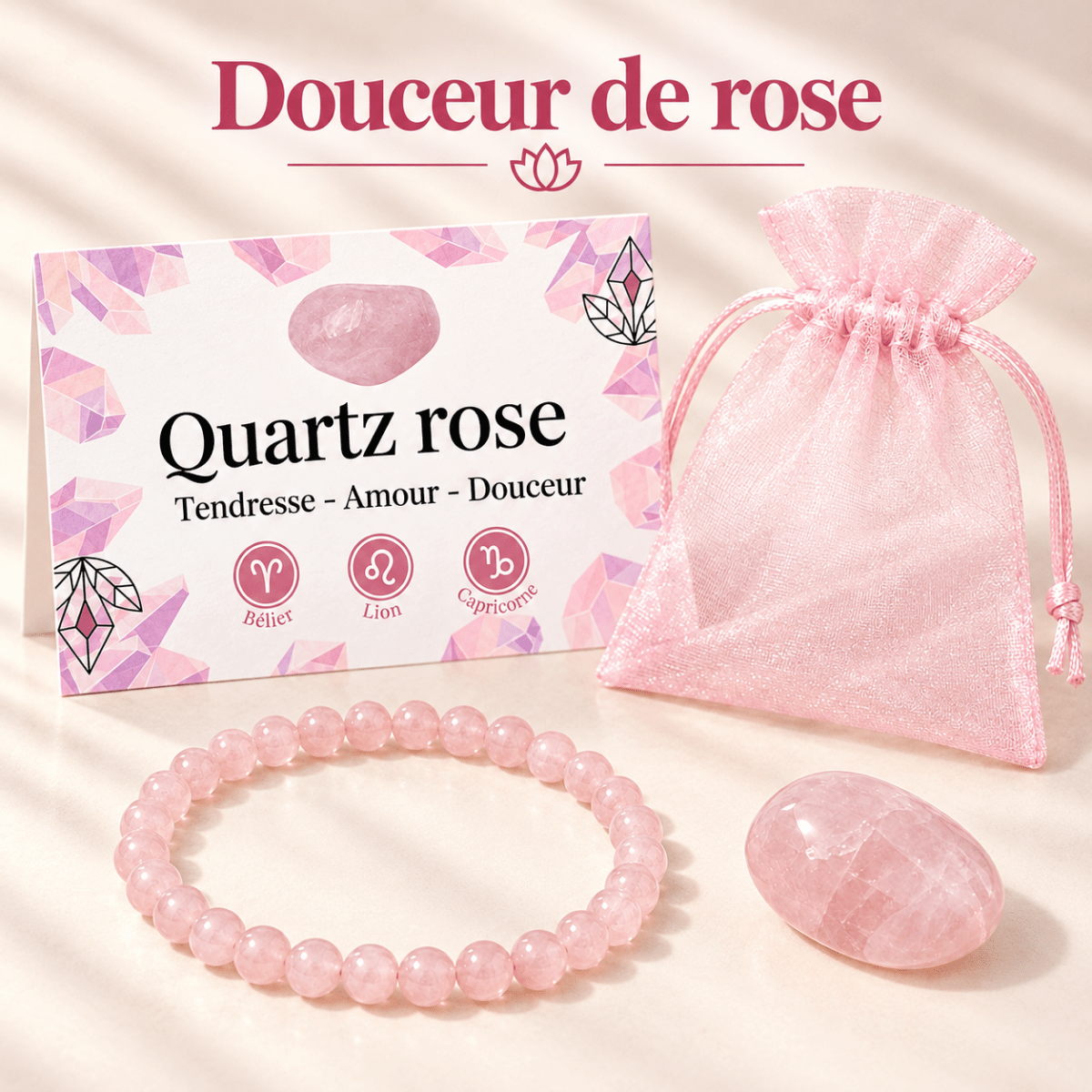 Pack "Douceur de rose" Quartz rose Brésil A - La Boite à Cailloux