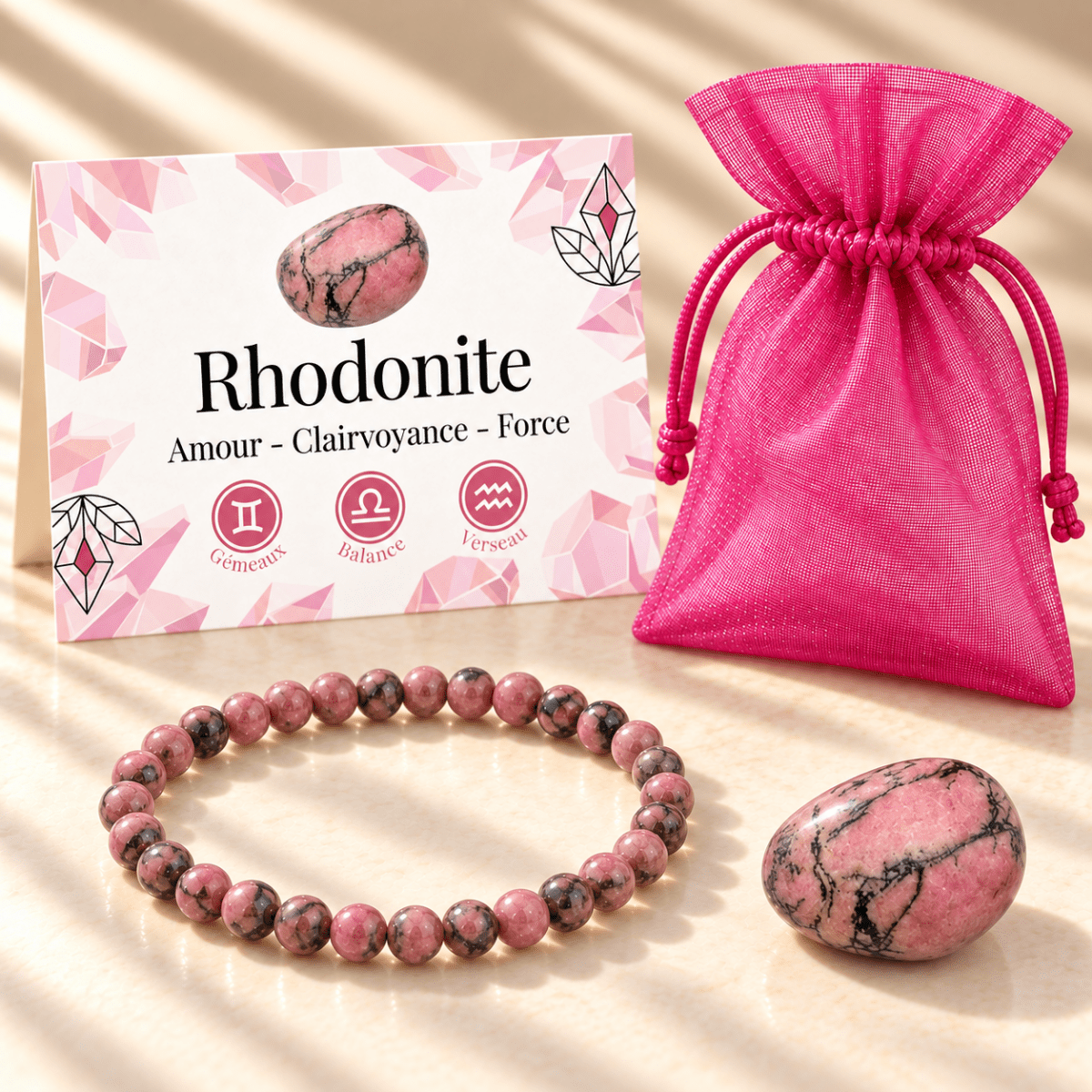 Pack « Harmonie rose » Rhodonite - La Boite à Cailloux