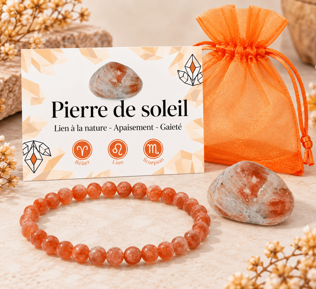Pack « Soleil intérieur » Pierre de soleil Inde AA - La Boite à Cailloux