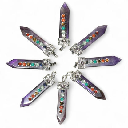 Pendentif 7 chakras améthyste Brésil A - La Boite à Cailloux