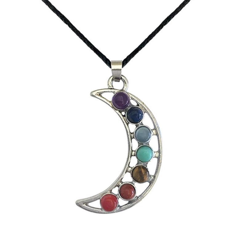 Pendentif 7 chakras "croissant de lune" + cordon - La Boite à Cailloux