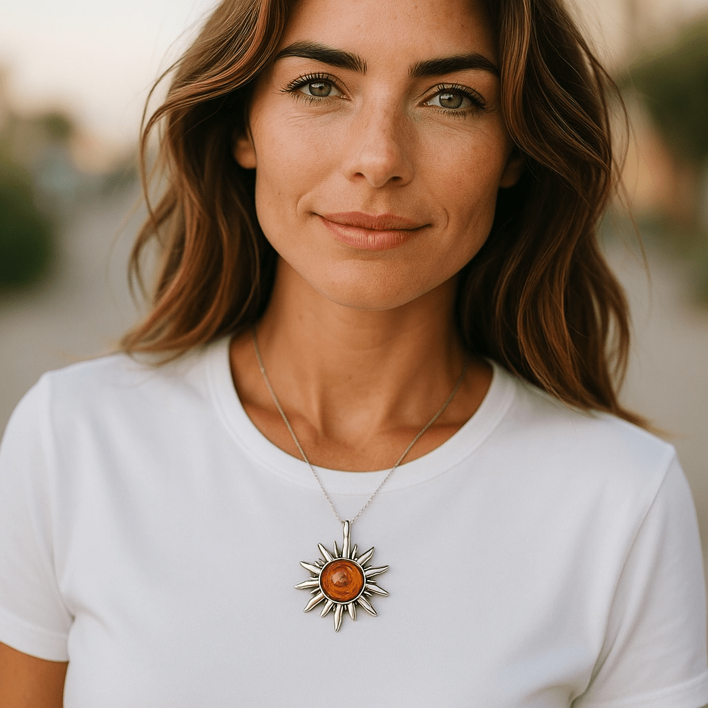Pendentif ambre cognac Lituanie AA argent 925 (soleil) - La Boite à Cailloux