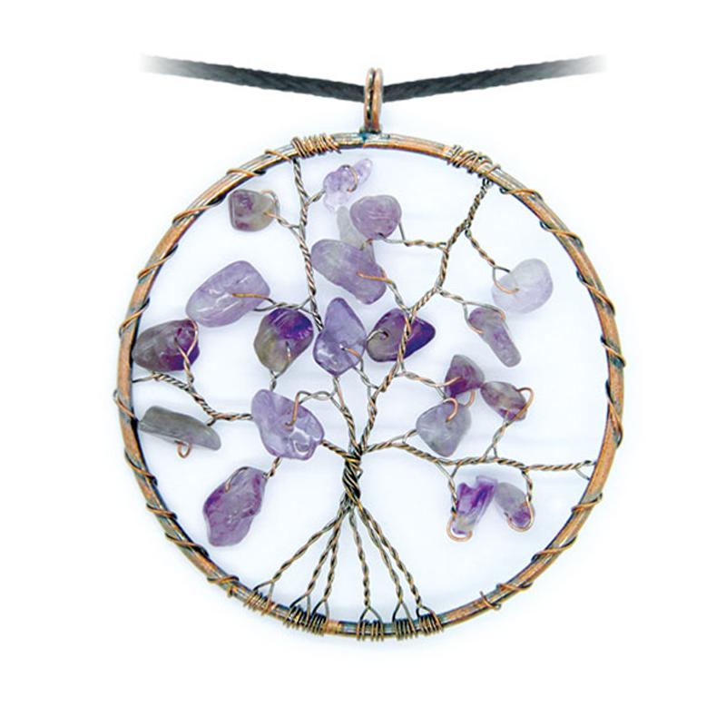 Pendentif arbre de vie améthyste 50mm + cordon - La Boite à Cailloux