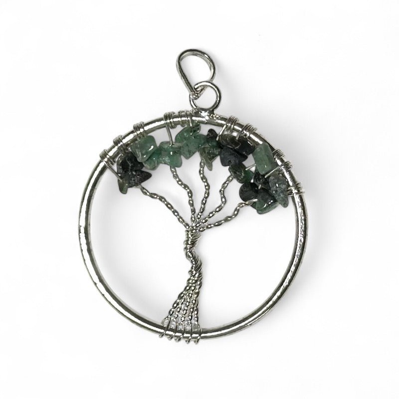 Pendentif arbre de vie emeraude Brésil A 35 - 40mm acier inoxydable - La Boite à Cailloux