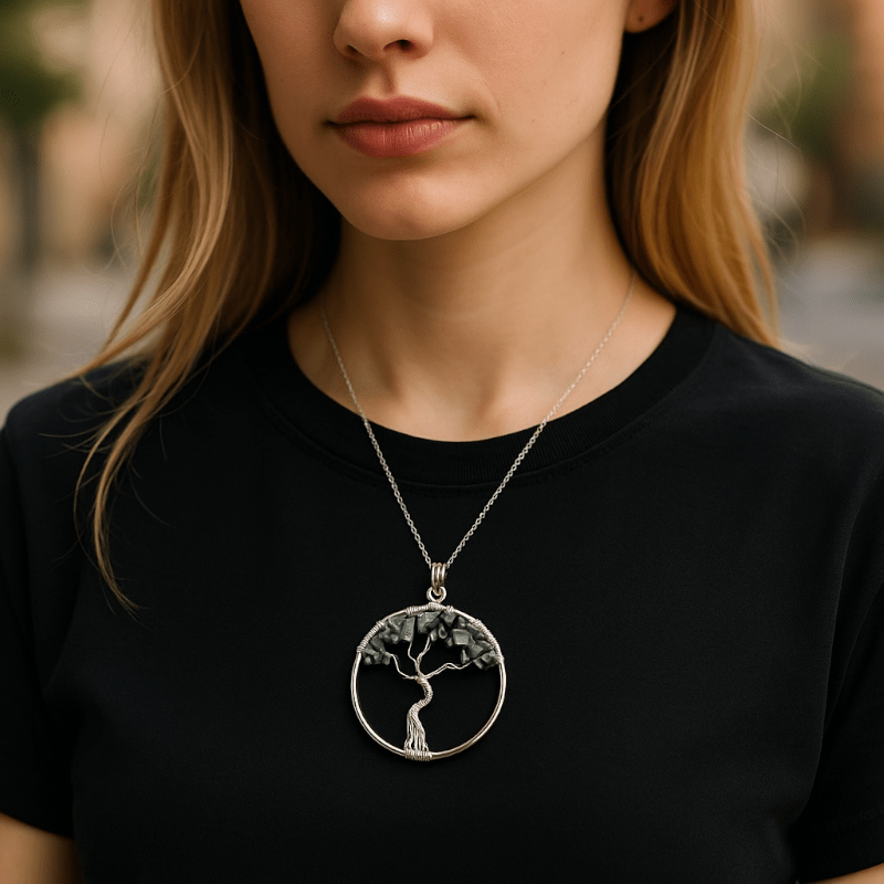 Pendentif arbre de vie emeraude Brésil A 35 - 40mm acier inoxydable - La Boite à Cailloux