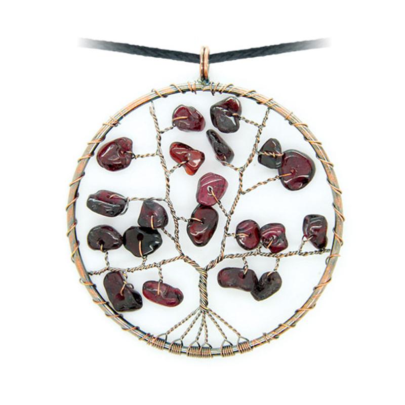 Pendentif arbre de vie grenat rouge almandin 50mm + cordon - La Boite à Cailloux