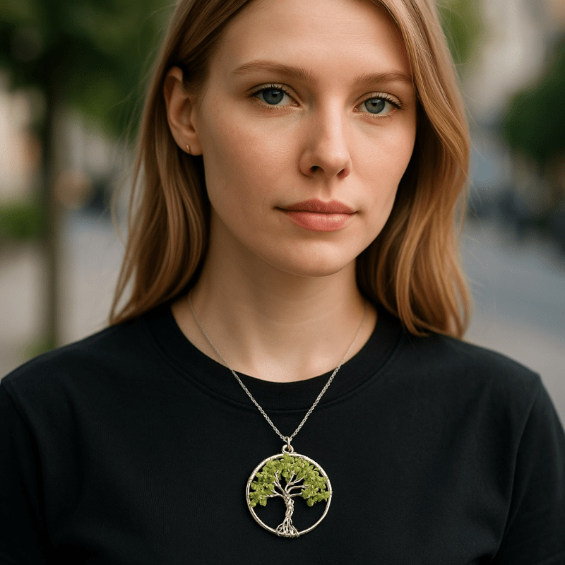 Pendentif arbre de vie péridot Inde A 40mm - La Boite à Cailloux