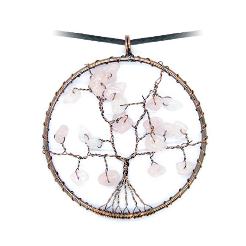 Pendentif arbre de vie quartz rose 50mm + cordon - La Boite à Cailloux