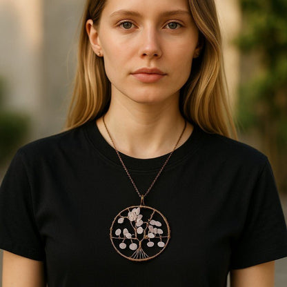 Pendentif arbre de vie quartz rose 50mm + cordon - La Boite à Cailloux