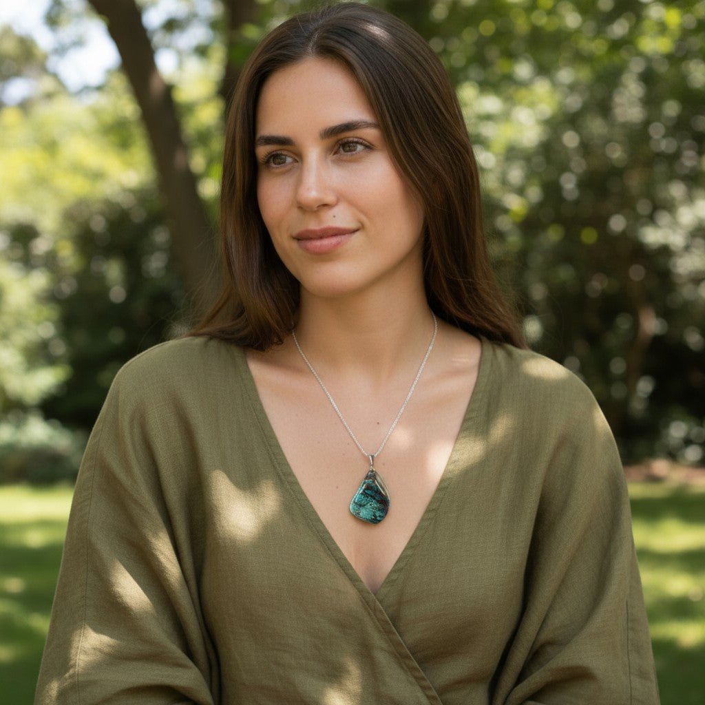 Pendentif chrysocolle Pérou A pierre roulée boucle argent 925 - La Boite à Cailloux