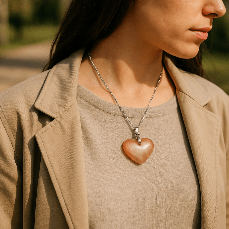 Pendentif coeur pierre de lune rose orangée Inde AA (25mm) - La Boite à Cailloux