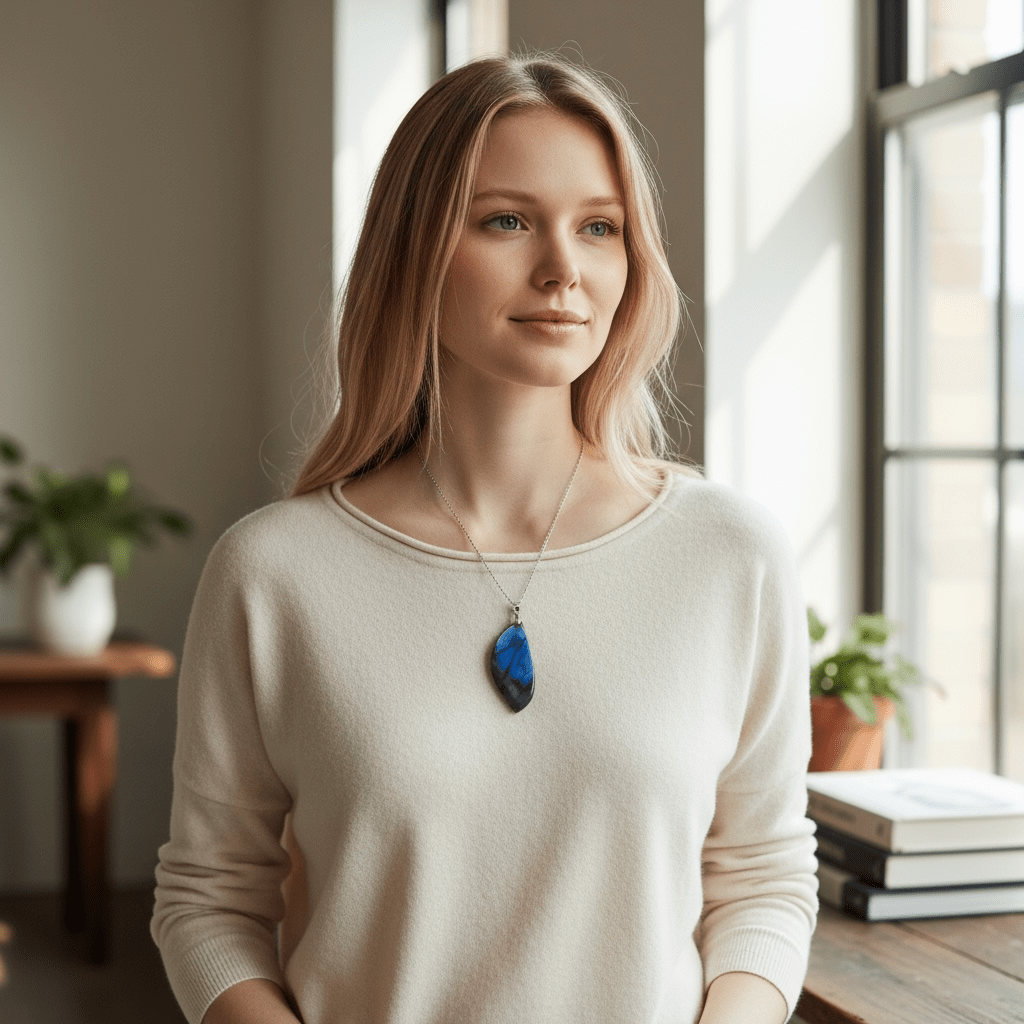 Pendentif feuille labradorite bleue Madagascar A forme libre - La Boite à Cailloux