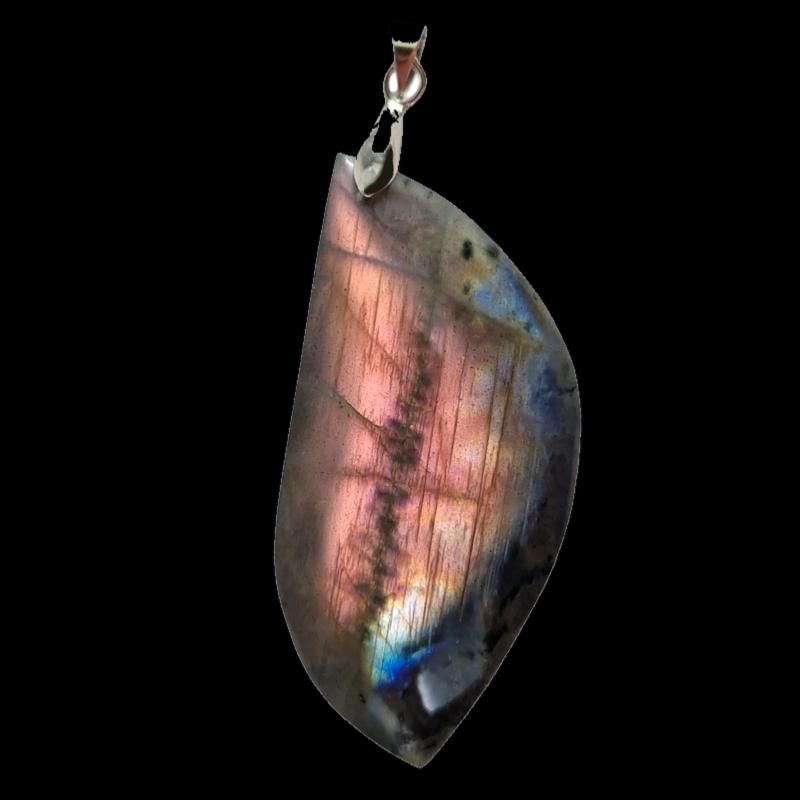 Pendentif feuille labradorite rose orangée Madagascar A - La Boite à Cailloux