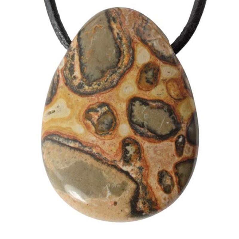 Pendentif jaspe léopard ou oncolithe Pérou A (pierre trouée) + cordon - La Boite à Cailloux