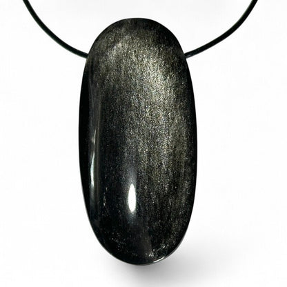 Pendentif obsidienne argentée Mexique AAA pierre trouée + cordon - La Boite à Cailloux
