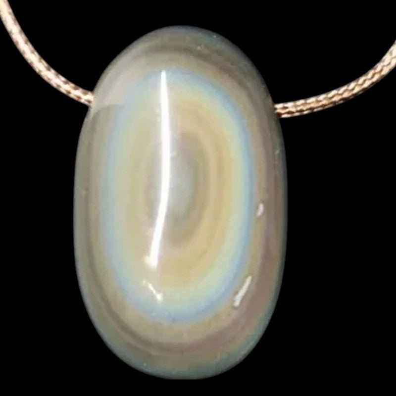 Pendentif obsidienne oeil céleste Mexique AAA pierre trouée + cordon - La Boite à Cailloux