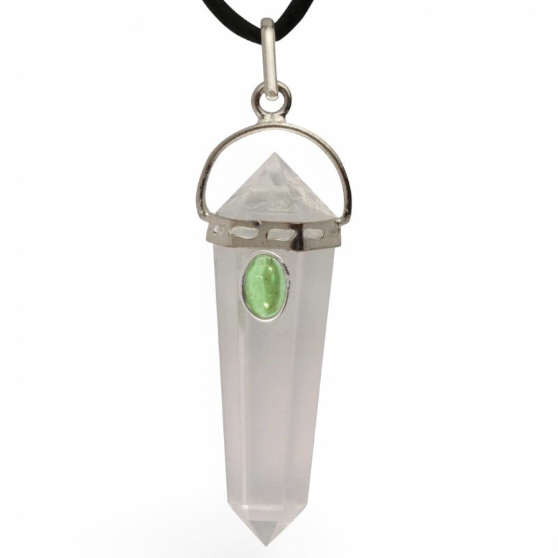 Pendentif pointe biterminée cristal de roche et péridot A - La Boite à Cailloux