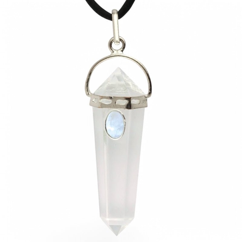 Pendentif pointe biterminée cristal de roche et pierre de lune arc en ciel A - La Boite à Cailloux