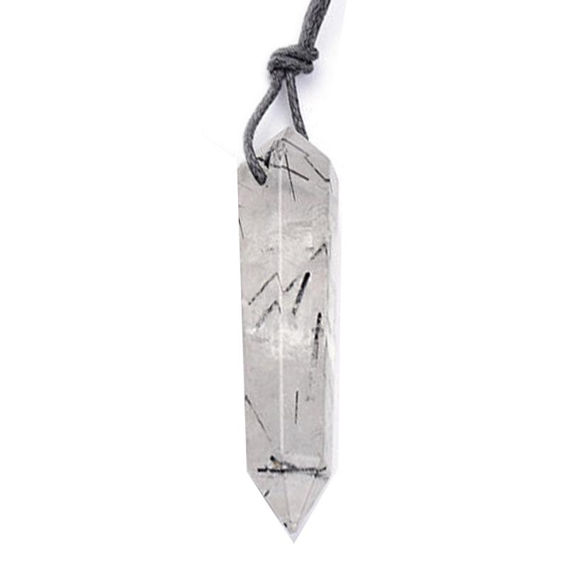 Pendentif pointe biterminée Quartz Tourmaline Brésil A + cordon (pierre trouée) - La Boite à Cailloux