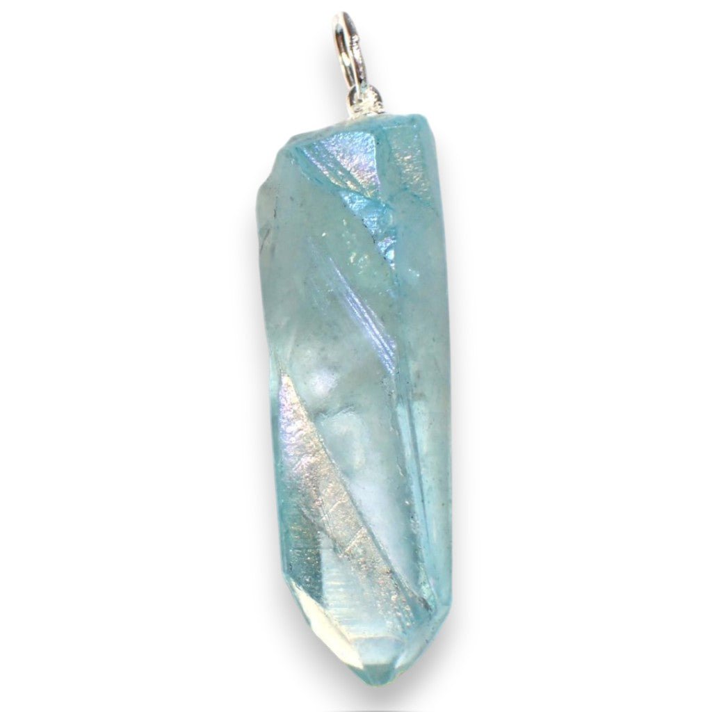 Pendentif pointe cristal aqua aura 30 - 45mm (pierre brute) - La Boite à Cailloux