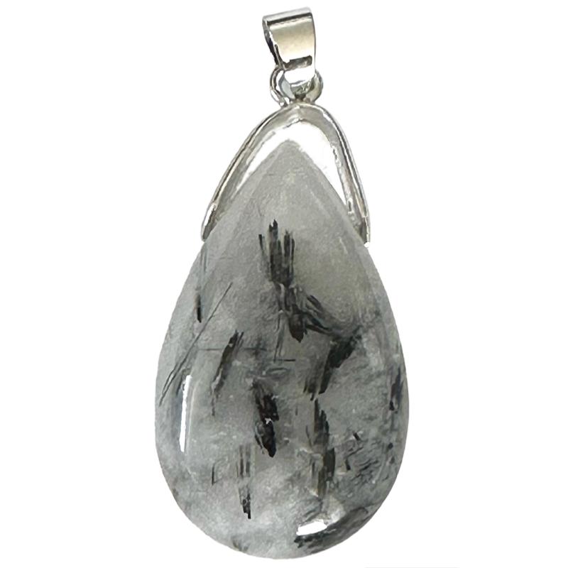 Pendentif quartz inclusions de tourmaline goutte Brésil AA (pierre trouée) + cordon - La Boite à Cailloux