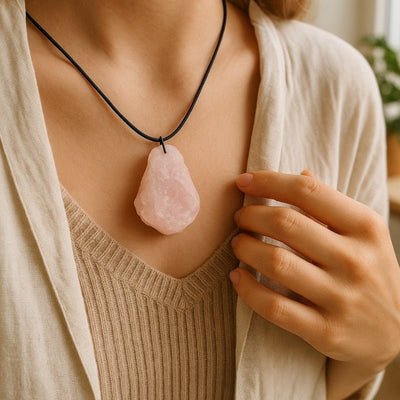 Pendentif quartz rose Brésil A (pierre brute) + cordon