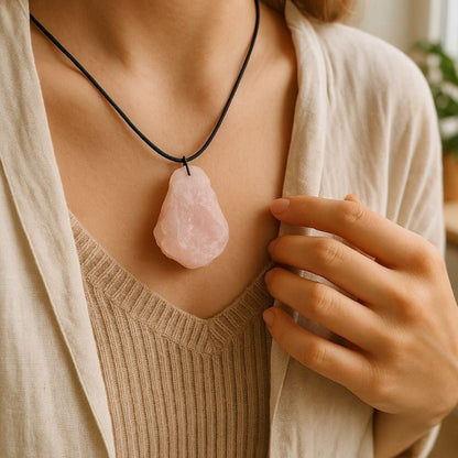 Pendentif quartz rose Brésil A (pierre brute) + cordon - La Boite à Cailloux