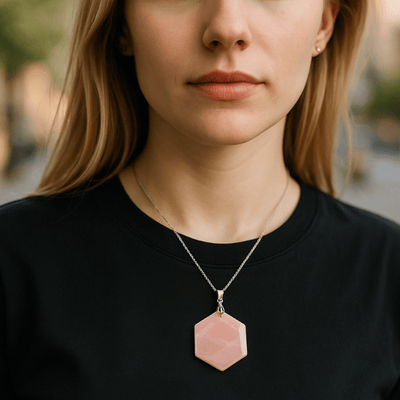 Pendentif quartz rose Brésil A (sceau de Salomon) acier inoxydable