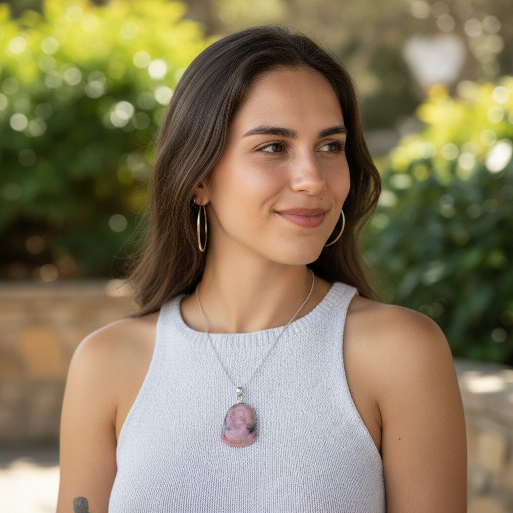 Pendentif rhodonite Madagascar pierre roulée boucle argent 925 - La Boite à Cailloux
