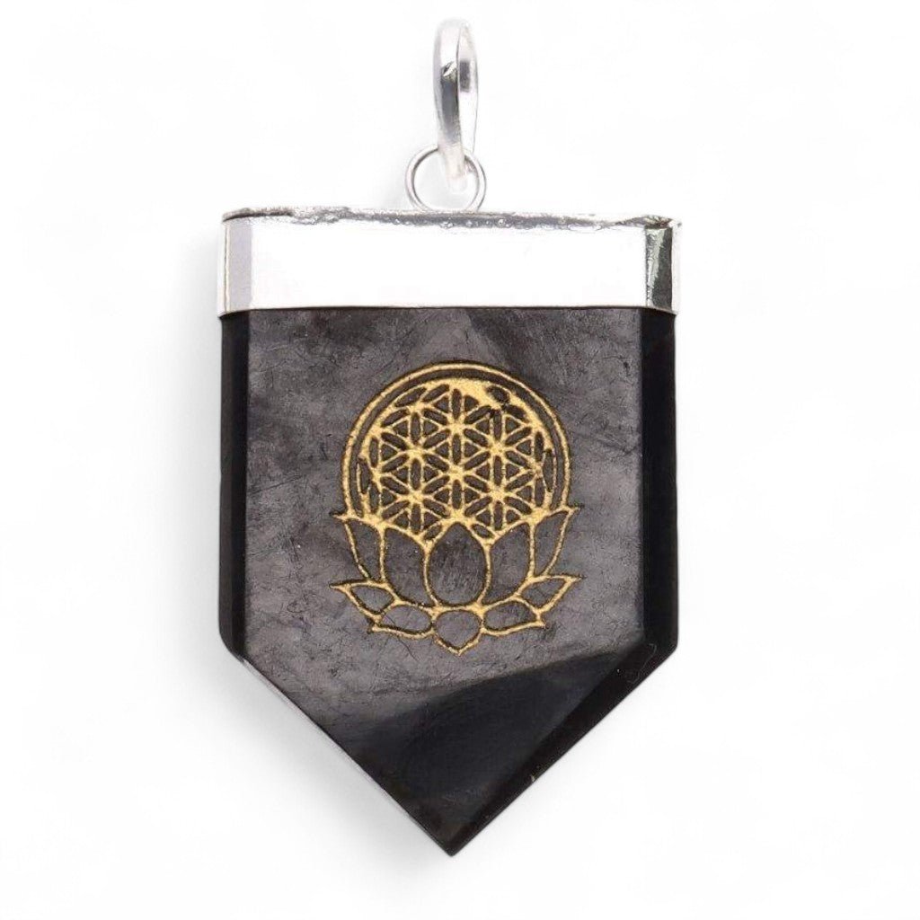 Pendentif shungite Fleur de Lotus plaqué argent - La Boite à Cailloux